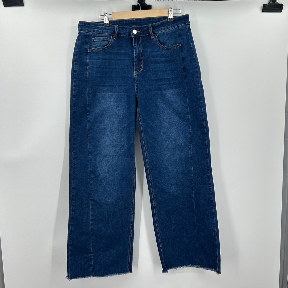 Sidefeel Women Size 18 Dark Wash Wide Leg Jeans Raw Hem Front Seam High Rise